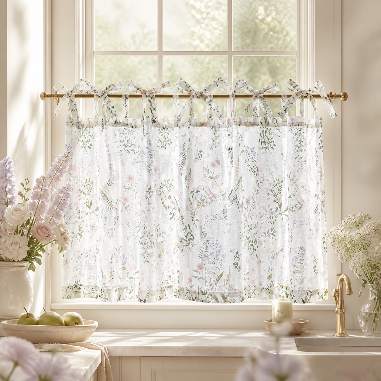 Botanical Tie Top Linen Kitchen Curtains