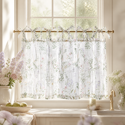 Botanical Tie Top Linen Kitchen Curtains