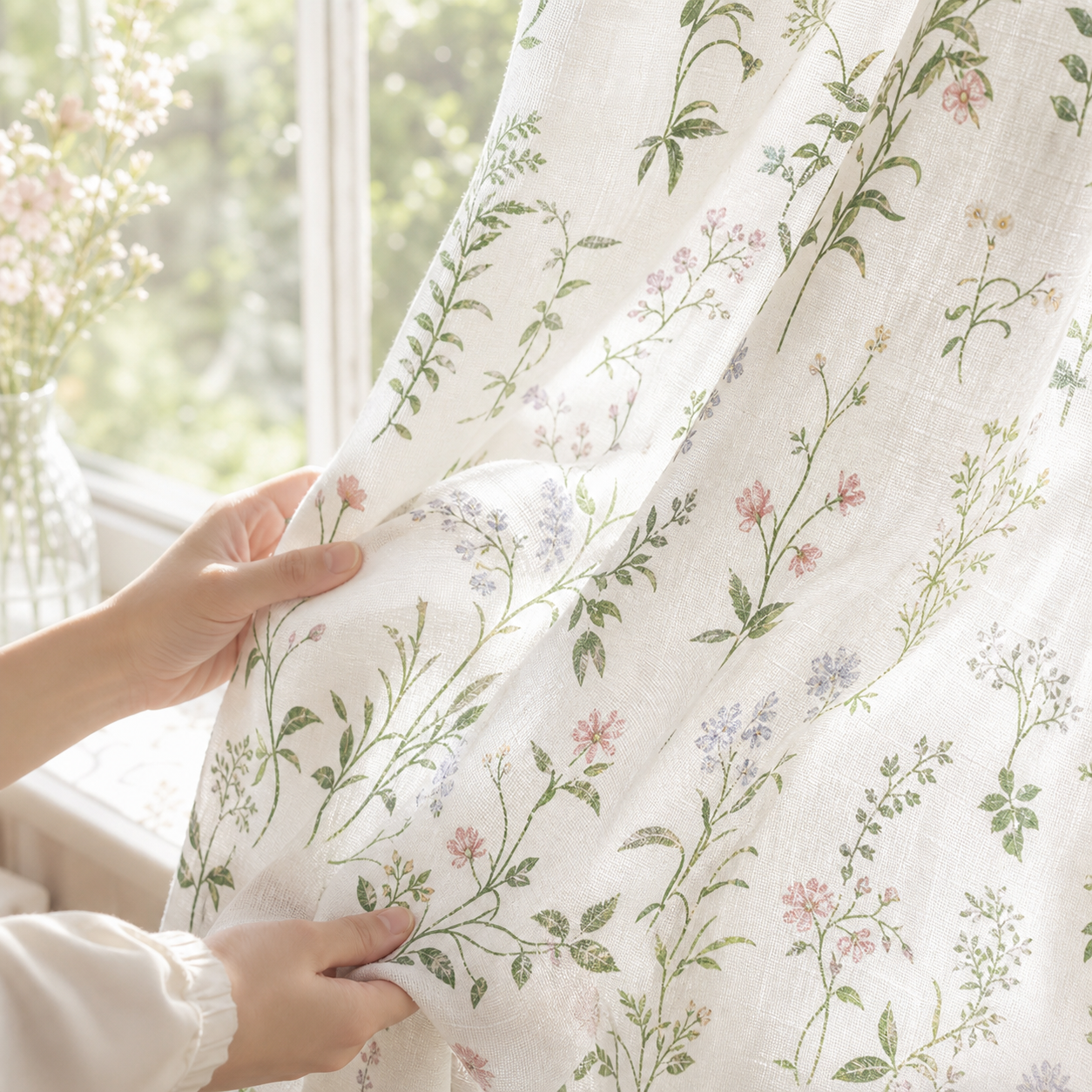 Botanical Tie Top Linen Kitchen Curtains