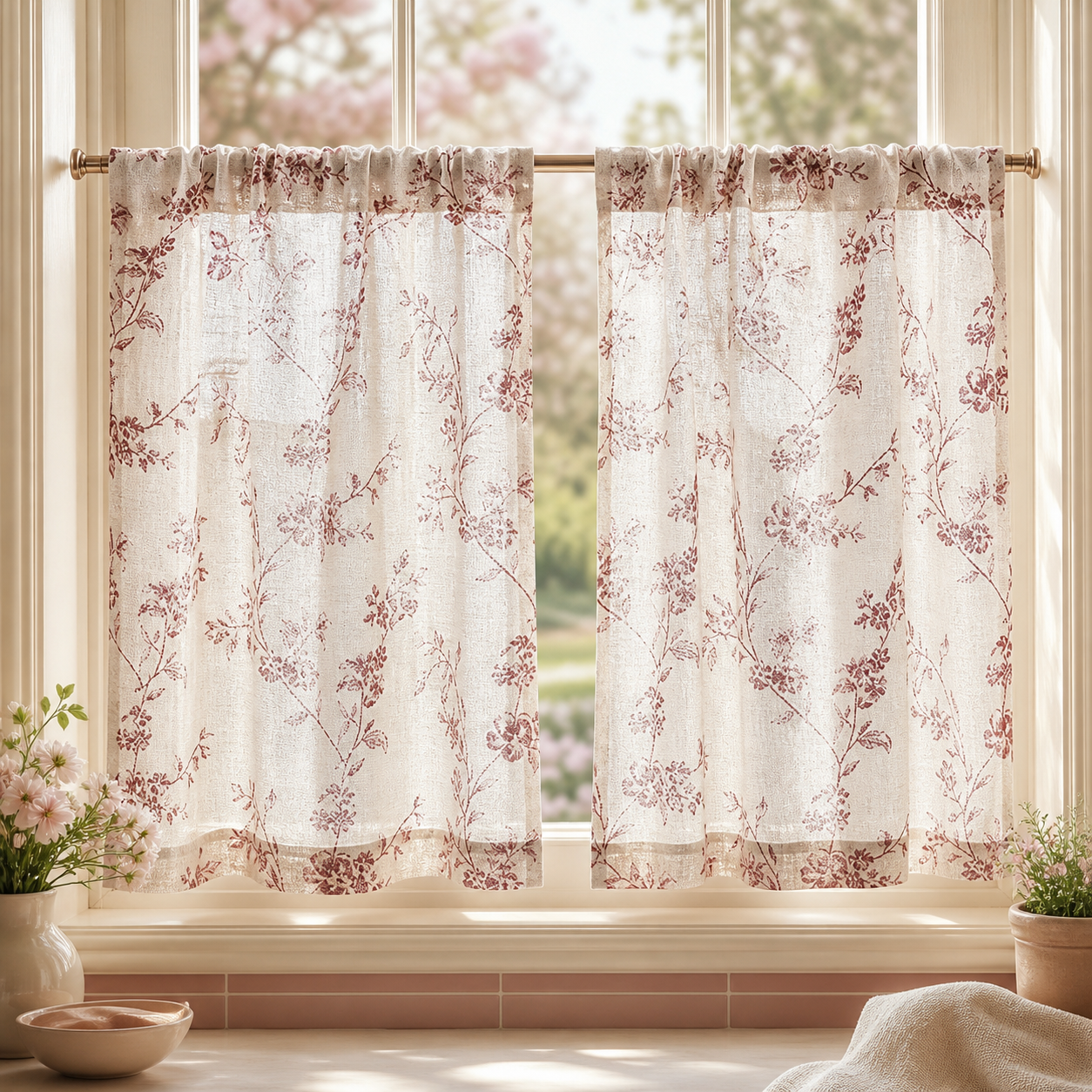 Floral Linen Kitchen Tier Curtains