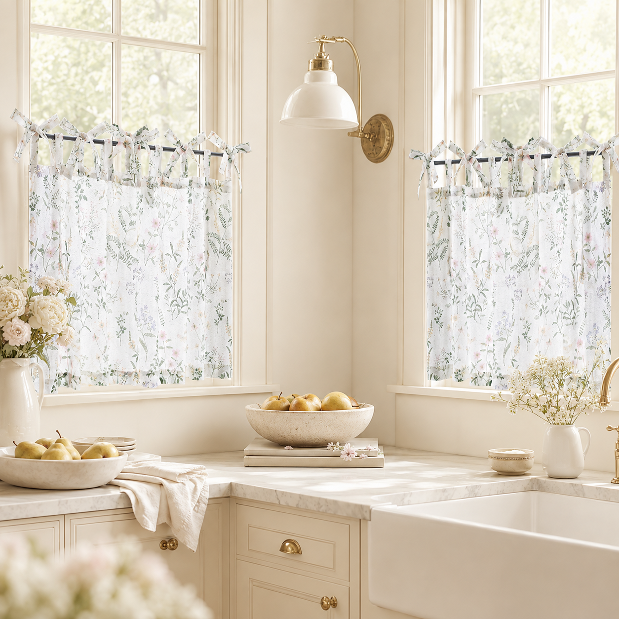 Botanical Tie Top Linen Kitchen Curtains