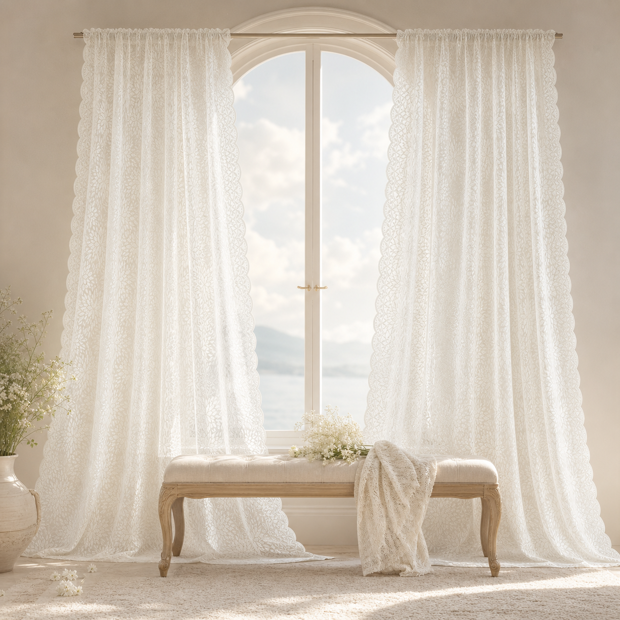 Vintage Floral Scalloped Lace Curtains