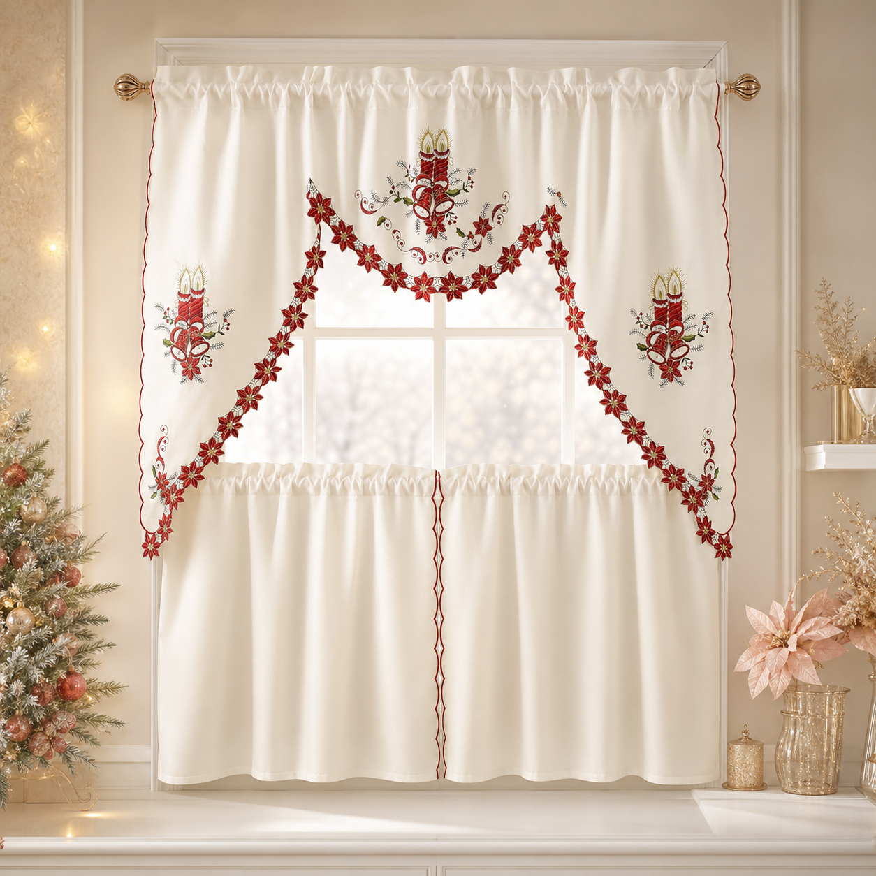 Multi-Color Embroidered Kitchen Curtain Set