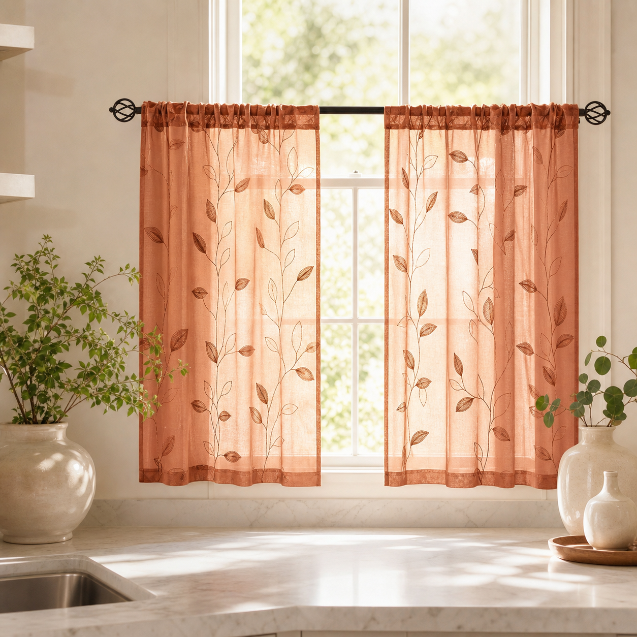Orange Embroidered Sheer Kitchen Curtains