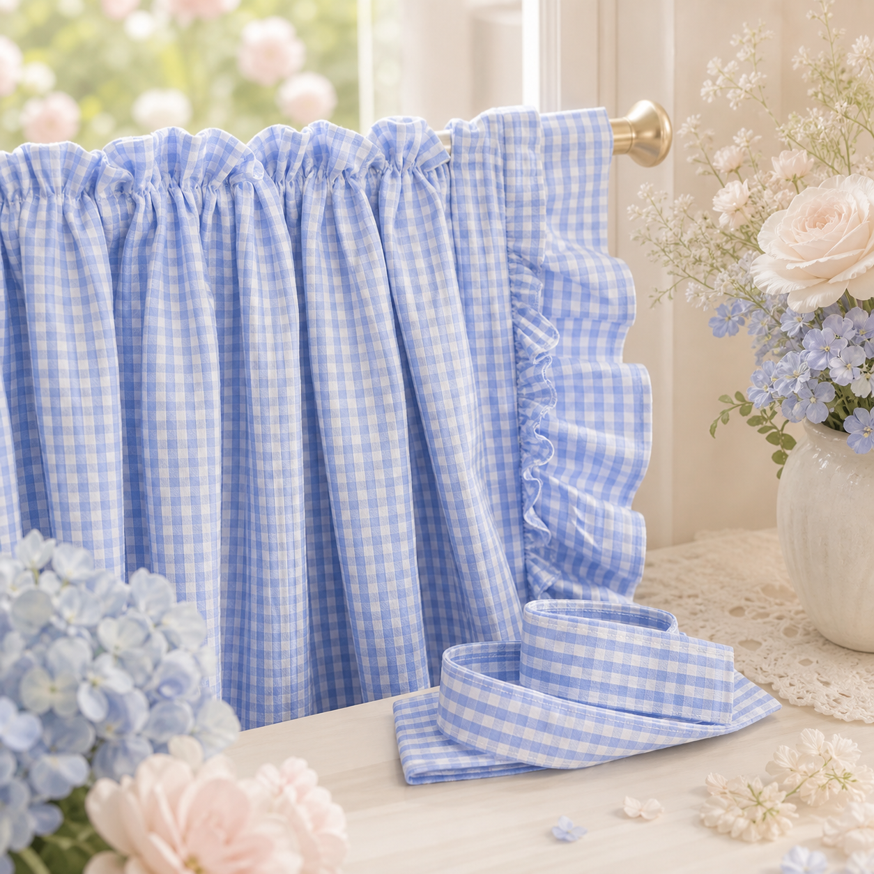 Gingham Ruffled French Door Curtain