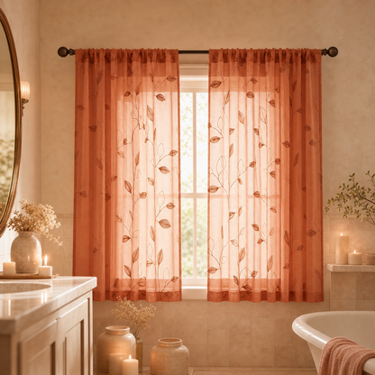Orange Embroidered Sheer Kitchen Curtains