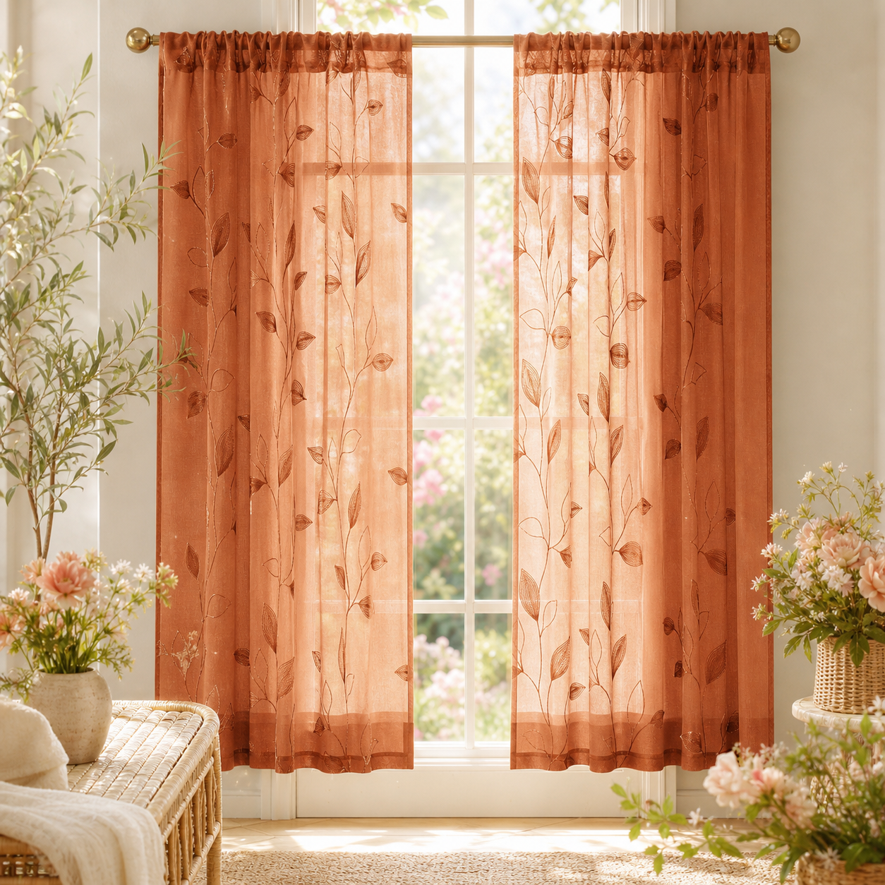 Orange Embroidered Sheer Kitchen Curtains