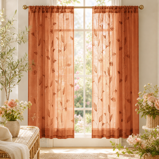 Orange Embroidered Sheer Kitchen Curtains