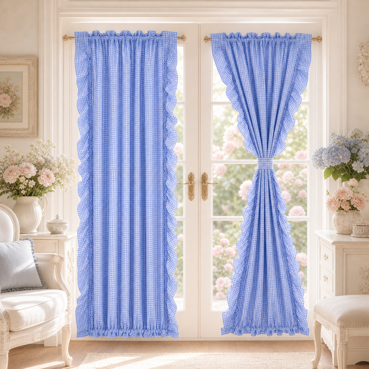 Gingham Ruffled French Door Curtain