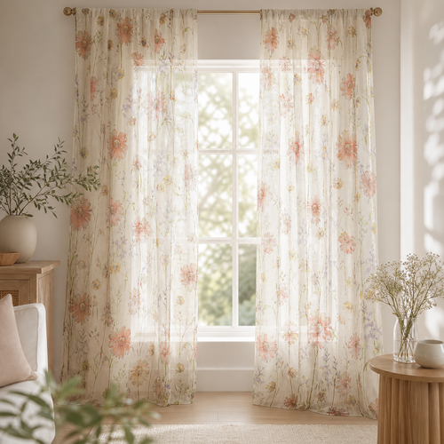 Watercolor Floral Sheer Kitchen Curtains