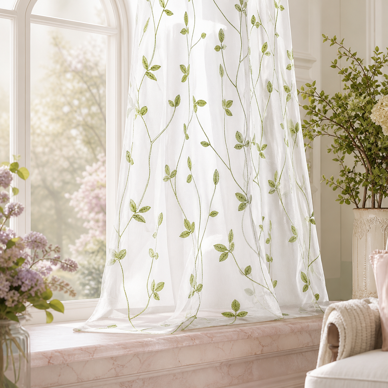 Sage Green Embroidered Leaf Sheer Curtains