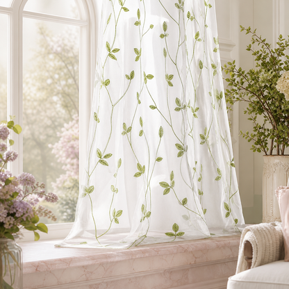 Sage Green Embroidered Leaf Sheer Curtains