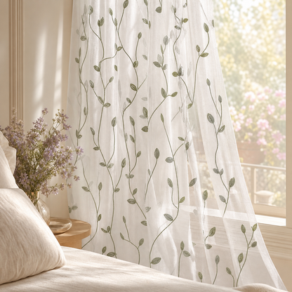 Sage Green Embroidered Leaf Sheer Curtains