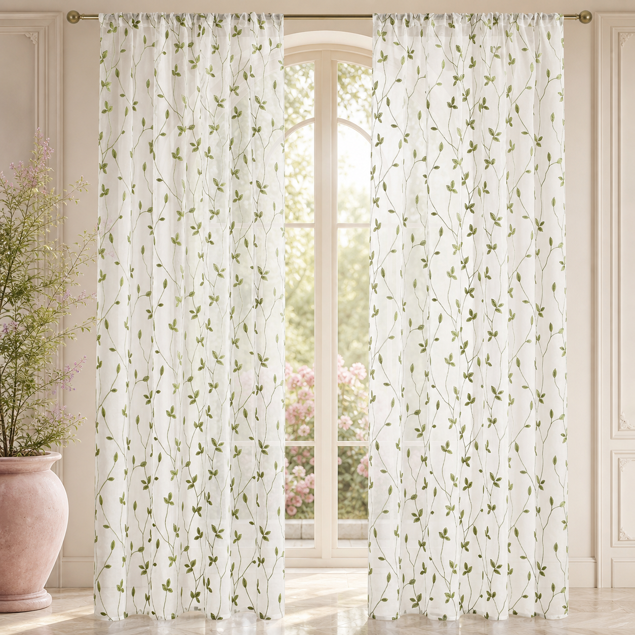 Sage Green Embroidered Leaf Sheer Curtains