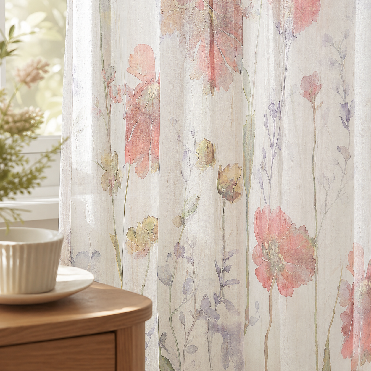 Watercolor Floral Sheer Kitchen Curtains