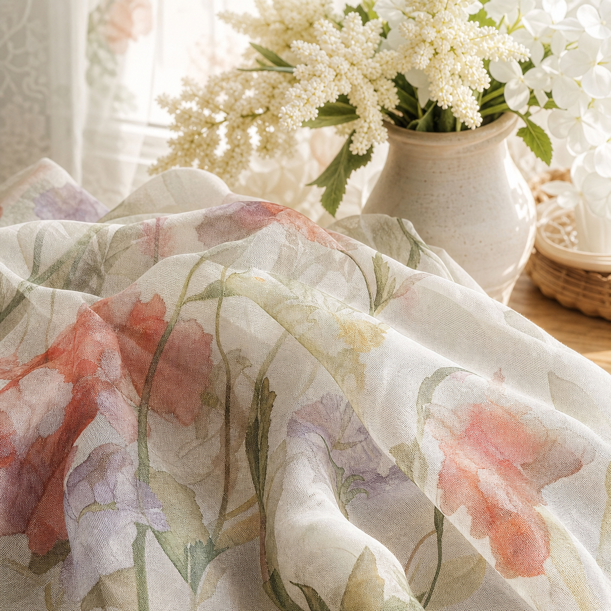Watercolor Floral Sheer Kitchen Curtains